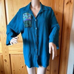 Brie Kriebel Art To Wear Top L Blouse Earthy Nature Bird Patches Dark Teal Blue